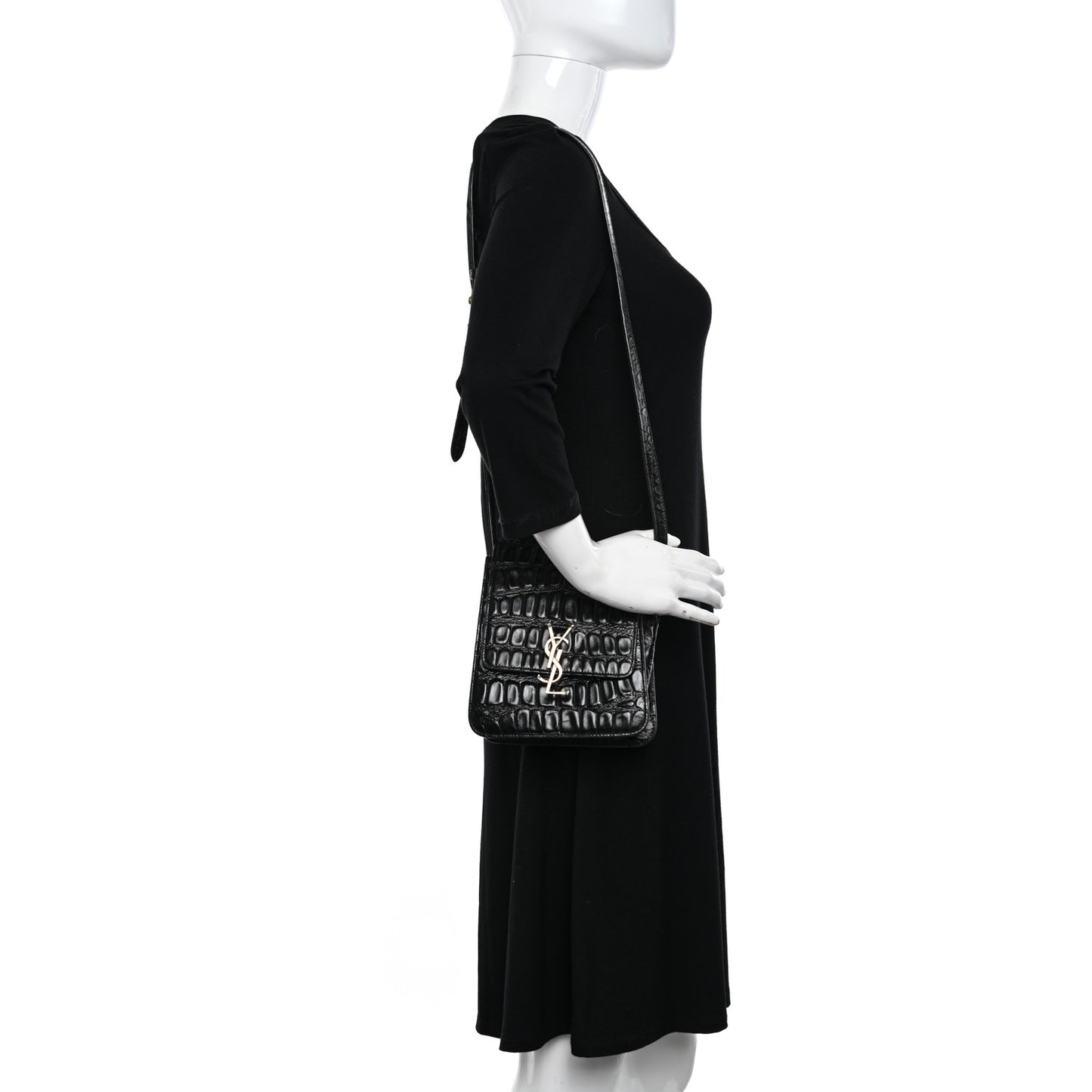 Calfskin Embossed Crocodile North South Kaia Satchel Black