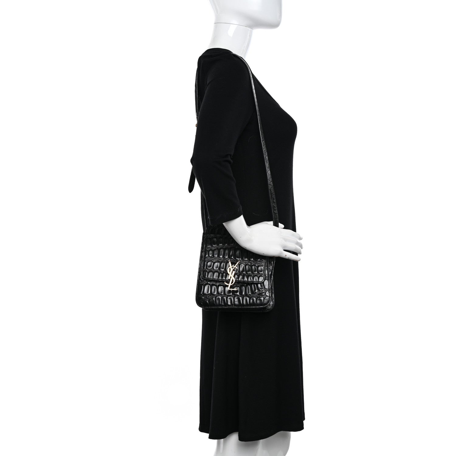 Saint Laurent Calfskin Embossed Crocodile North South Kaia Satchel Black 2 of 15