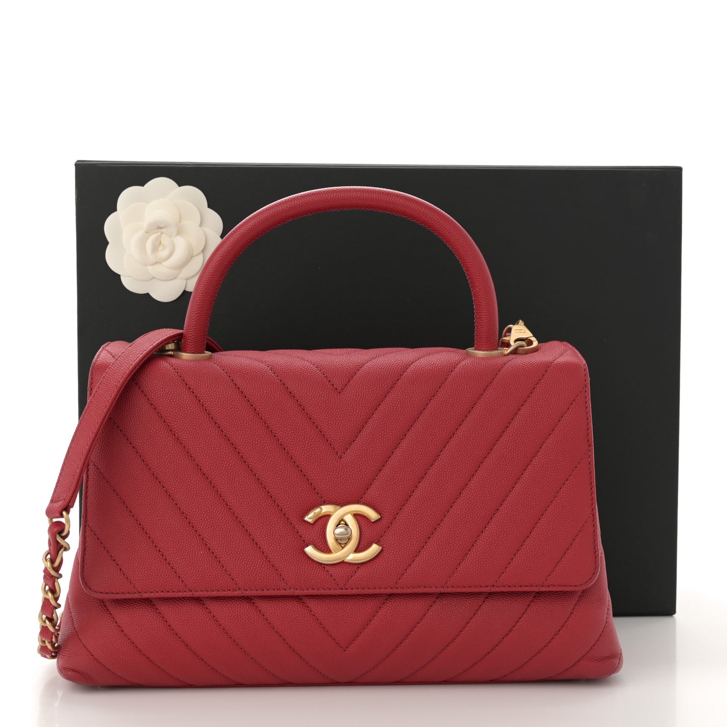 Caviar Chevron Quilted Small Coco Handle Flap Red