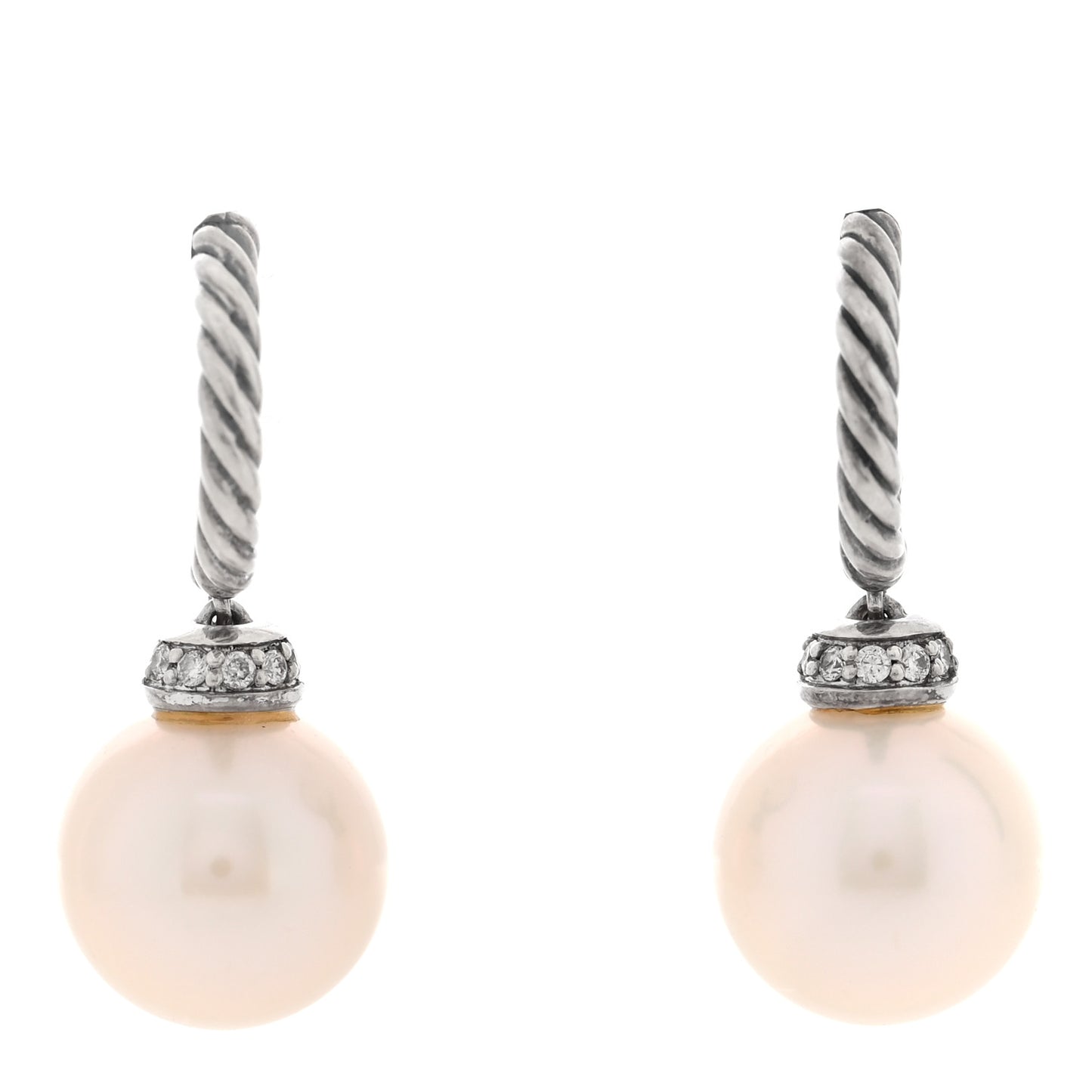 Sterling Silver Diamond Cultured Pearl 10mm Solari Drop Earrings