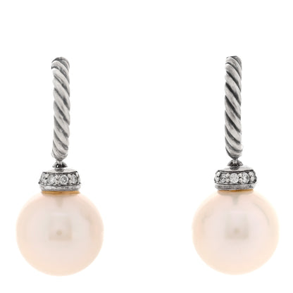 David Yurman Sterling Silver Diamond Cultured Pearl 10mm Solari Drop Earrings 1 of 5