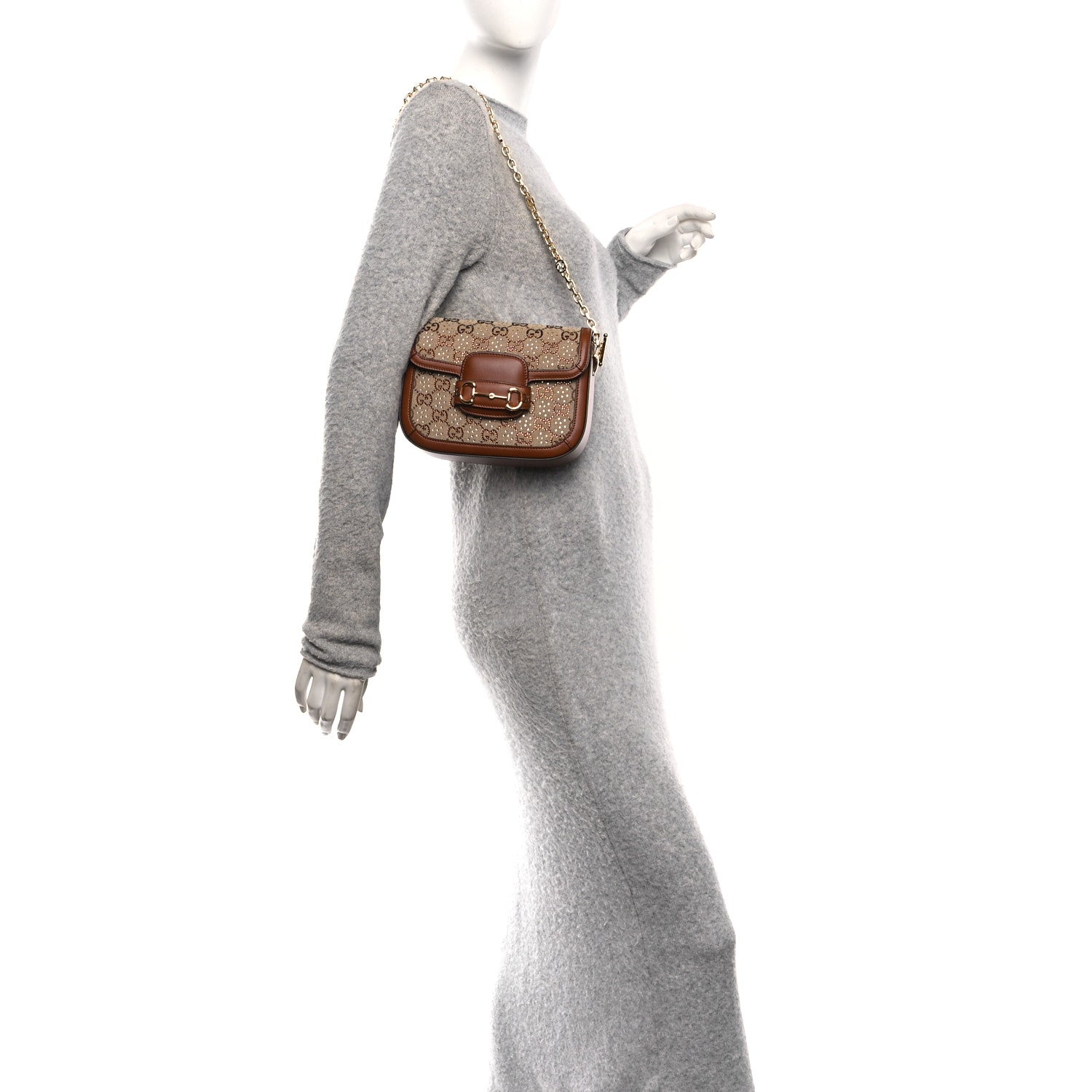 Gucci New Canvas Charisma Calfskin Crystal GG Monogram Mini Horsebit 1955 Shoulder Bag Camel Ebony 2 of 10