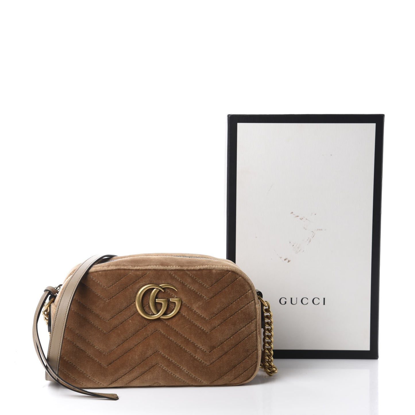 Velvet Matelasse Small GG Marmont Chain Shoulder Bag Taupe