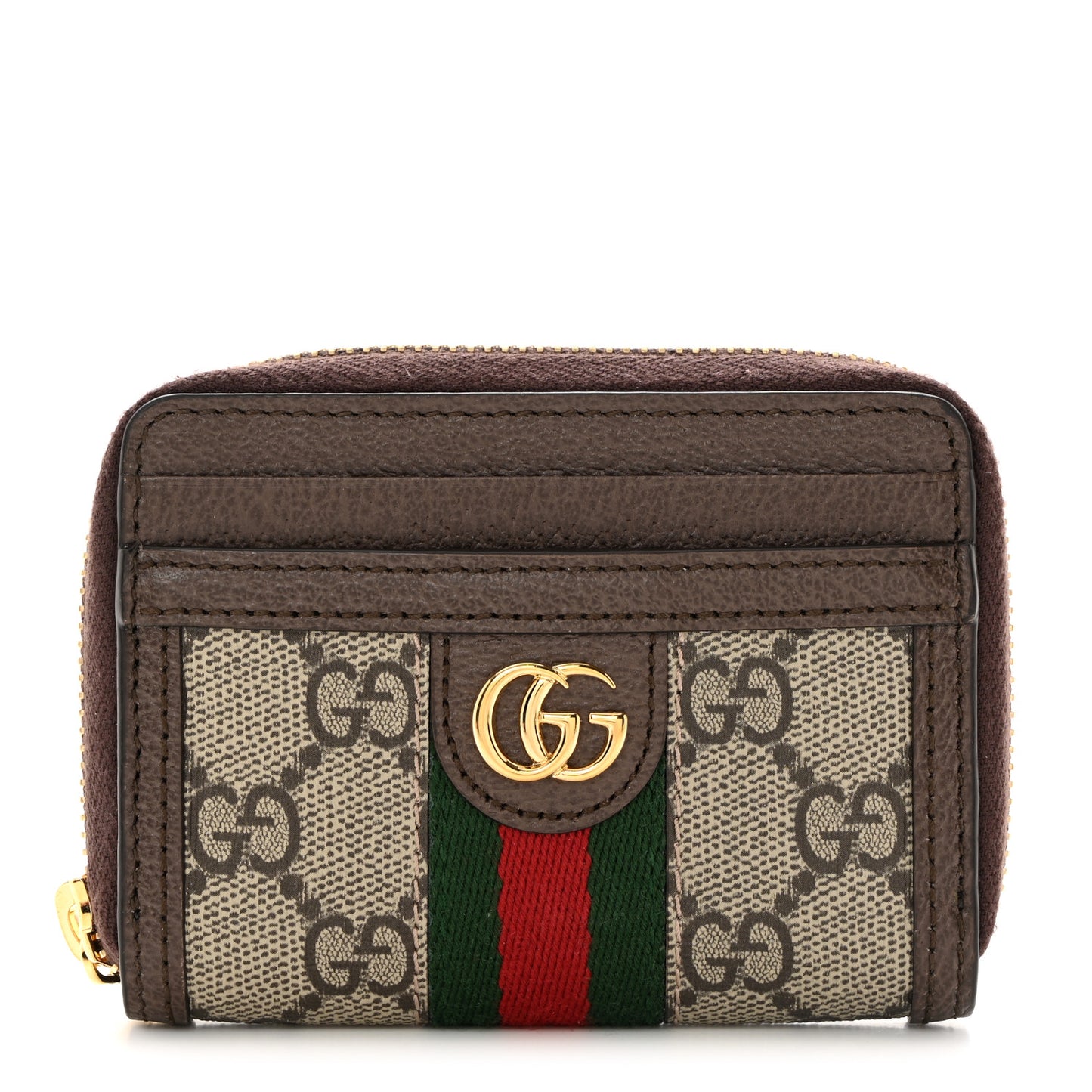 GG Supreme Monogram Textured Dollar Calfskin Web Ophidia Zip Around Card Case Wallet Beige Ebony New Acero