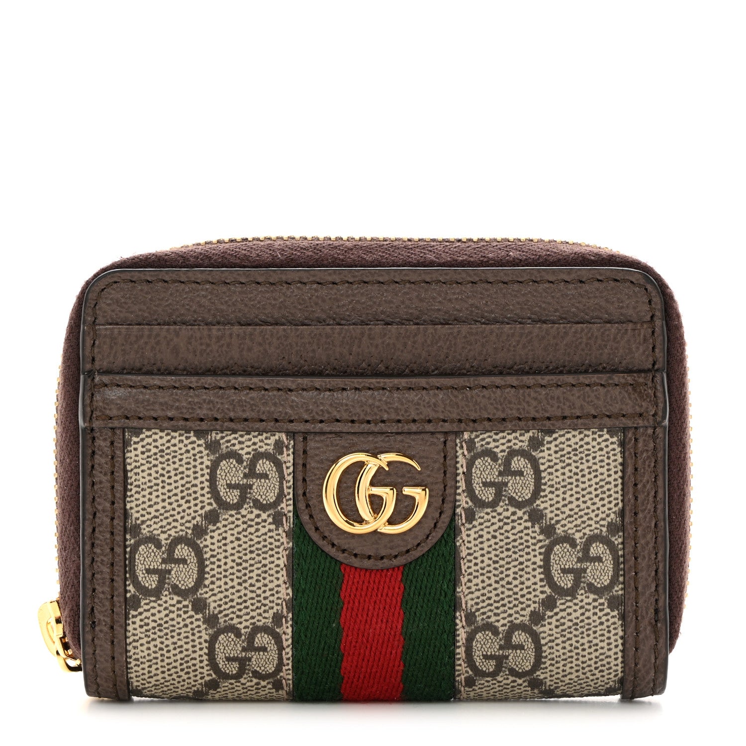 Gucci GG Supreme Monogram Textured Dollar Calfskin Web Ophidia Zip Around Card Case Wallet Beige Ebony New Acero 1 of 8
