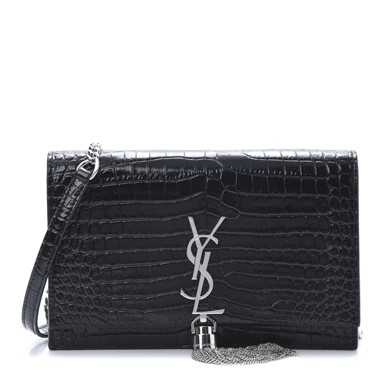 Saint Laurent Calfskin Crocodile Embossed Kate Monogram Tassel Chain Wallet Black 1 of 12