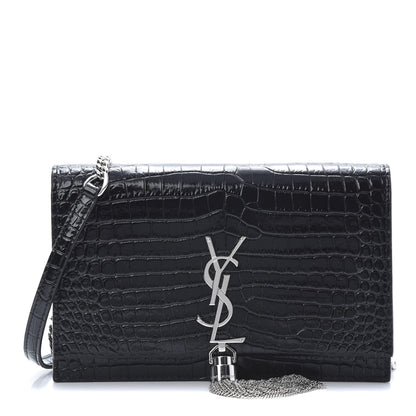 Saint Laurent Calfskin Crocodile Embossed Kate Monogram Tassel Chain Wallet Black 1 of 12