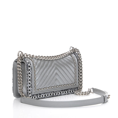 Chanel Metallic Calfskin Chevron Quilted Braided Medium Boy Flap Silver 3 of 8