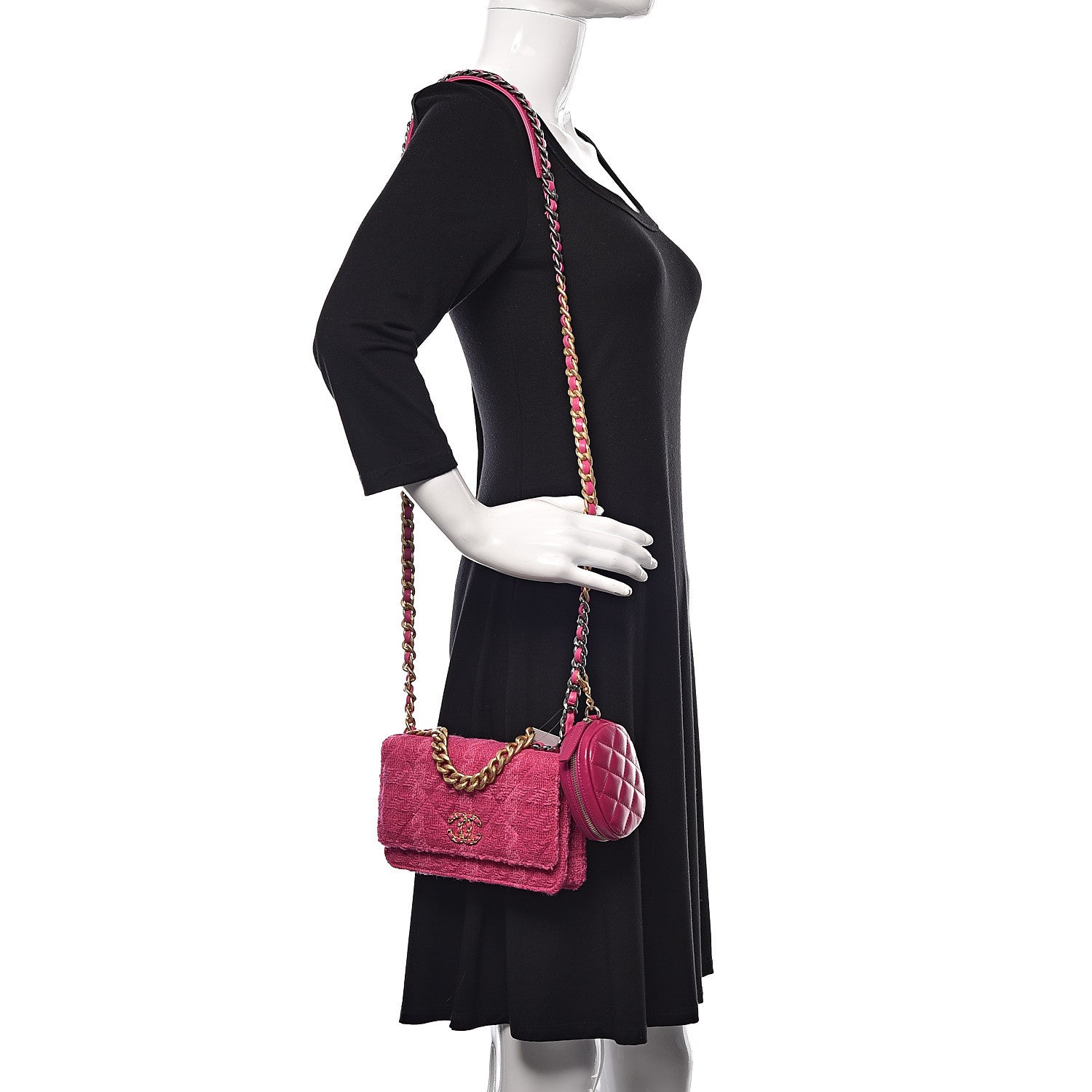 Chanel Wool Tweed Lambskin Quilted Chanel 19 Wallet On Chain WOC and Coin Purse Fuchsia 2 of 13