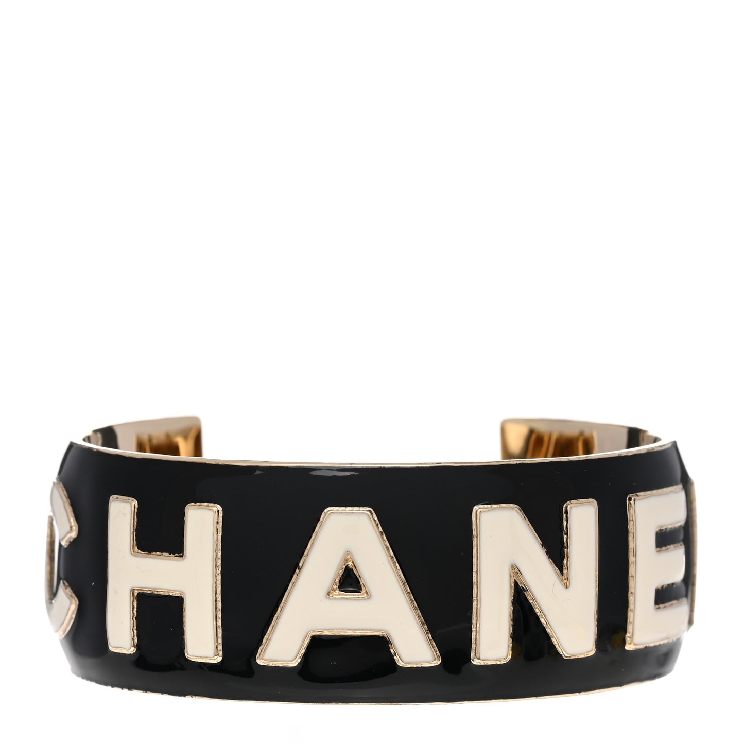 Metal Enamel Wide Chanel Logo Cuff Bracelet L Black White