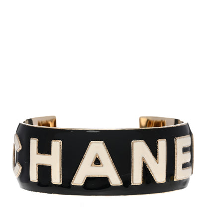 Chanel Metal Enamel Wide Chanel Logo Cuff Bracelet L Black White 1 of 5
