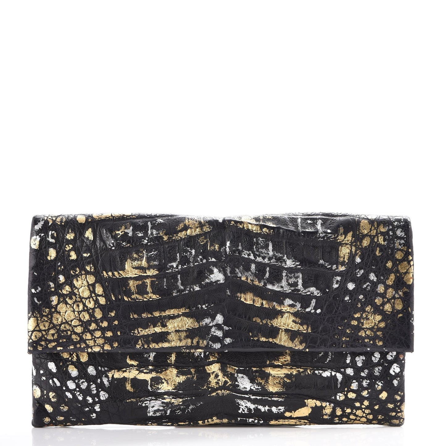 Metallic Crocodile Clutch Black Gold