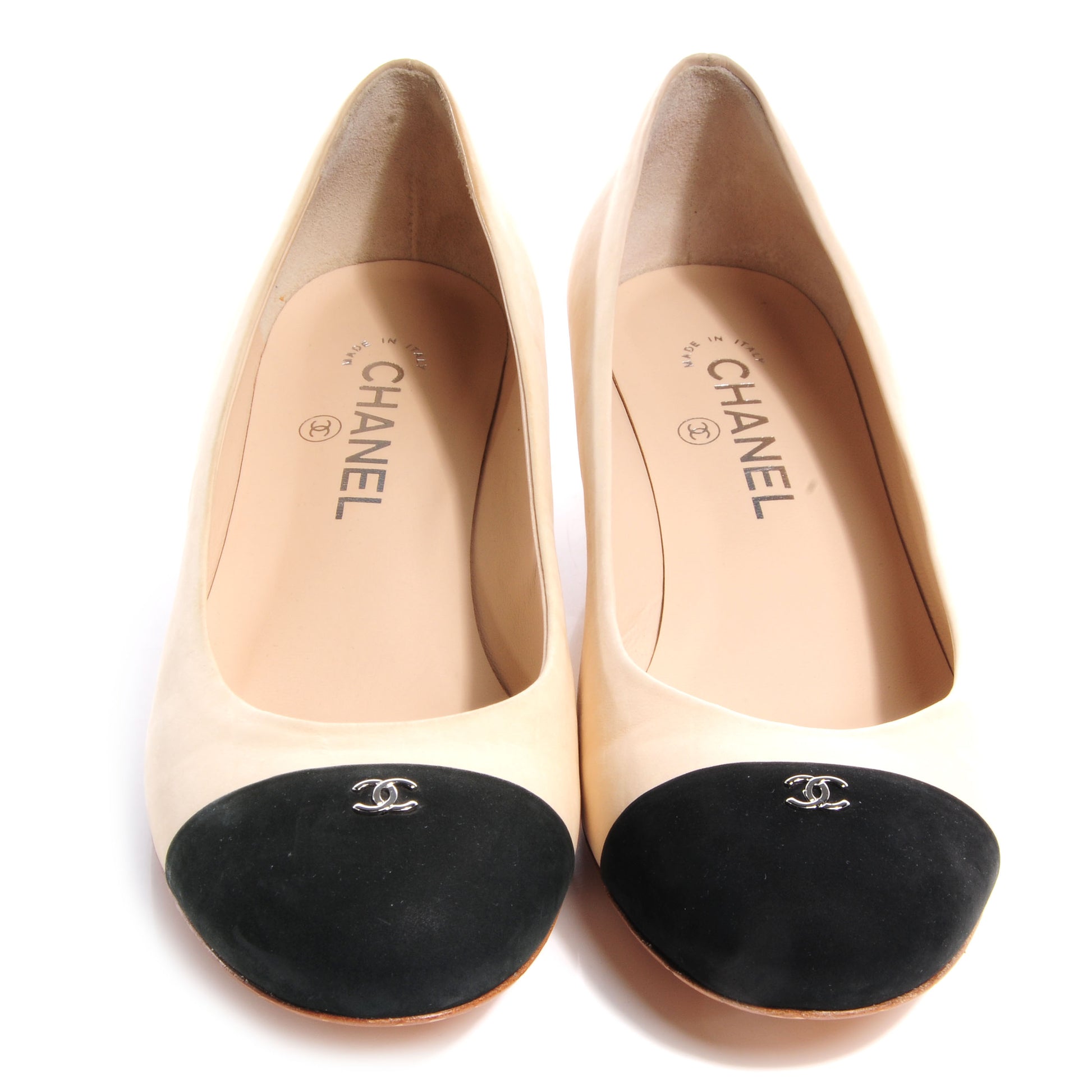 Chanel Suede Lambskin Cap Toe Pumps 38.5 Beige Black 2 of 6