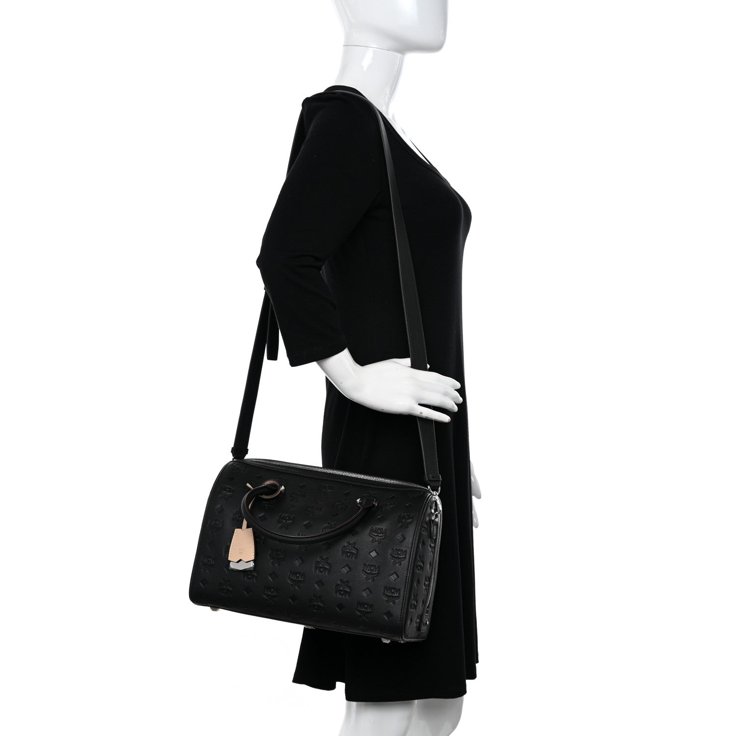 MCM Calfskin Ottomar Monogram Medium Essential Boston Bag Black 2 of 9