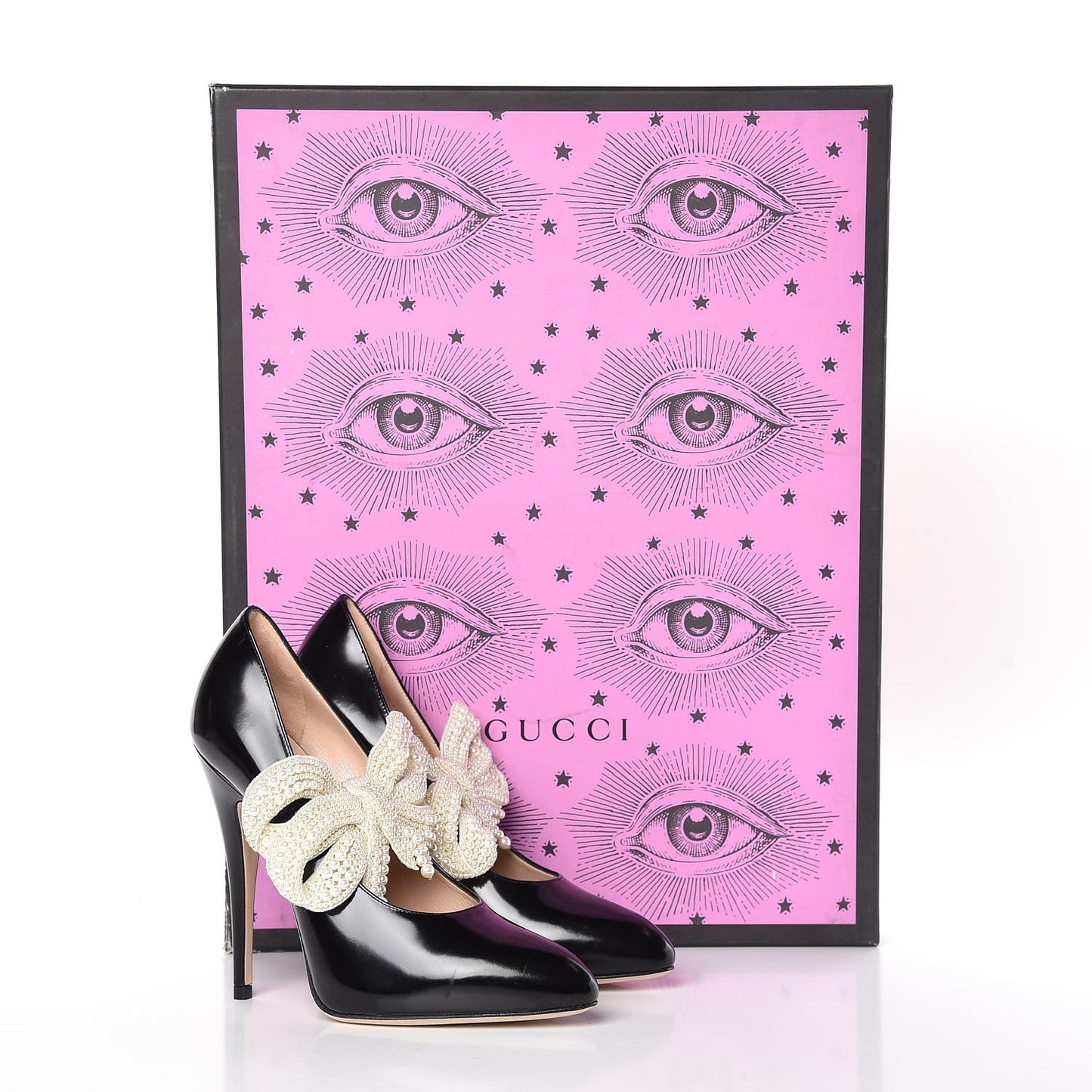 Polished Calfskin Removable Pearly Bow Elaisa Platform High Heel Pumps 36 Black