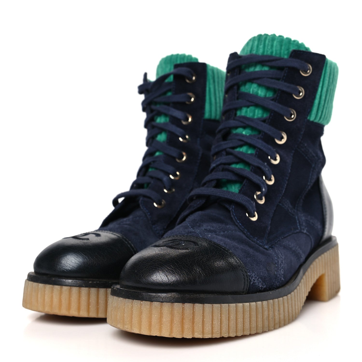 Chanel Suede Calfskin Velvet Quilted CC Combat Boots 36 Navy Green Black 3 of 8