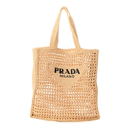 Prada Yarn Raffia Effect Crochet Logo Embroidered Tote Bag Naturale 1 of 10
