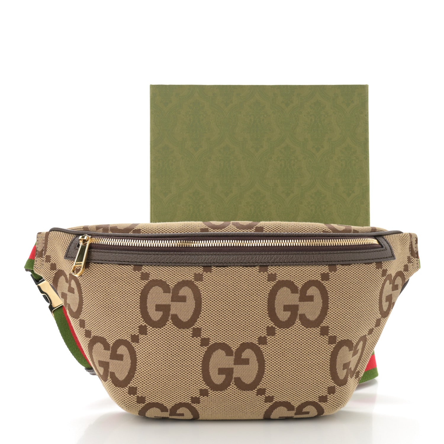 Gucci Monogram Jumbo GG Textured Dollar Calfskin Web Belt Bag Camel Ebony New Acero 11 of 11