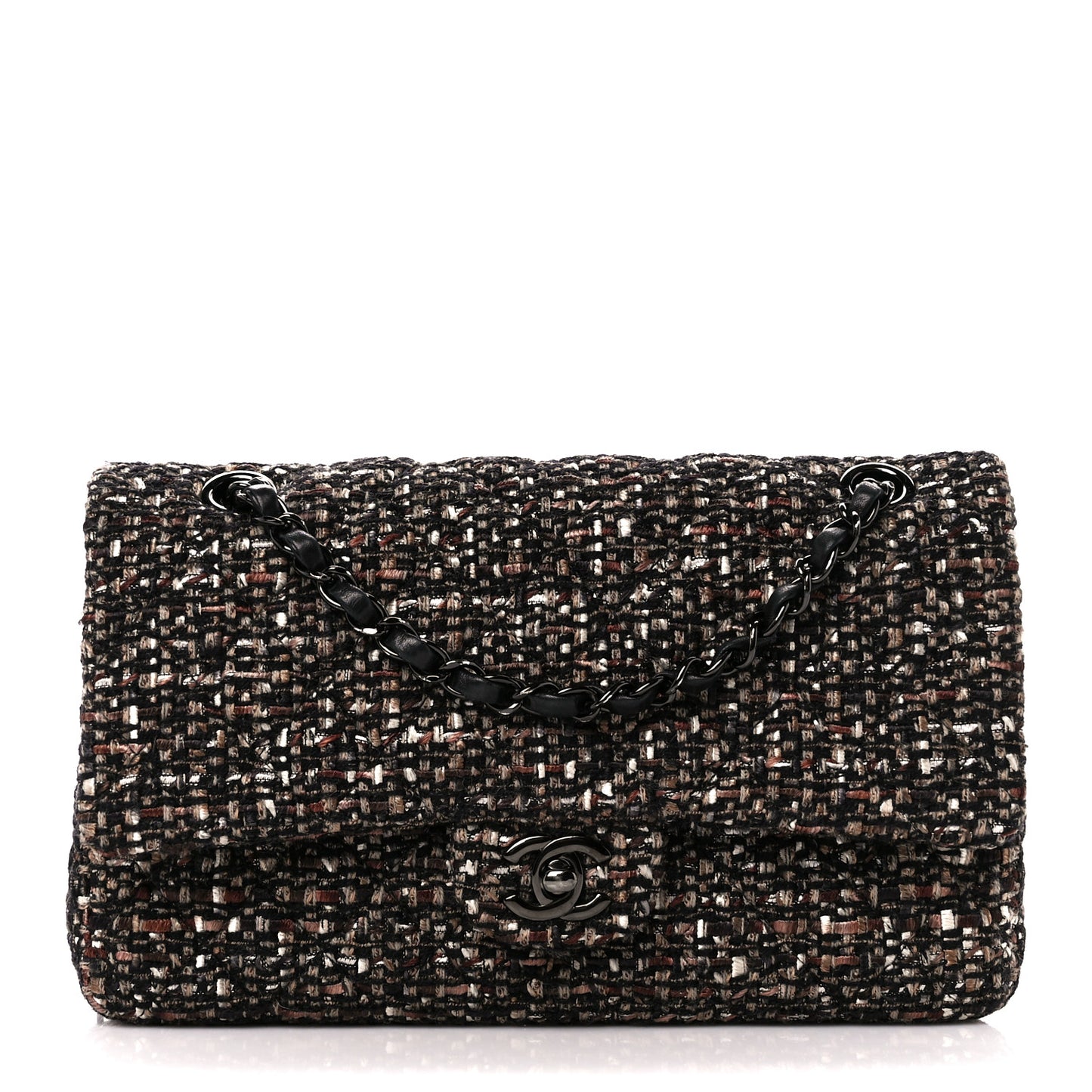 Tweed Quilted Medium Double Flap Brown