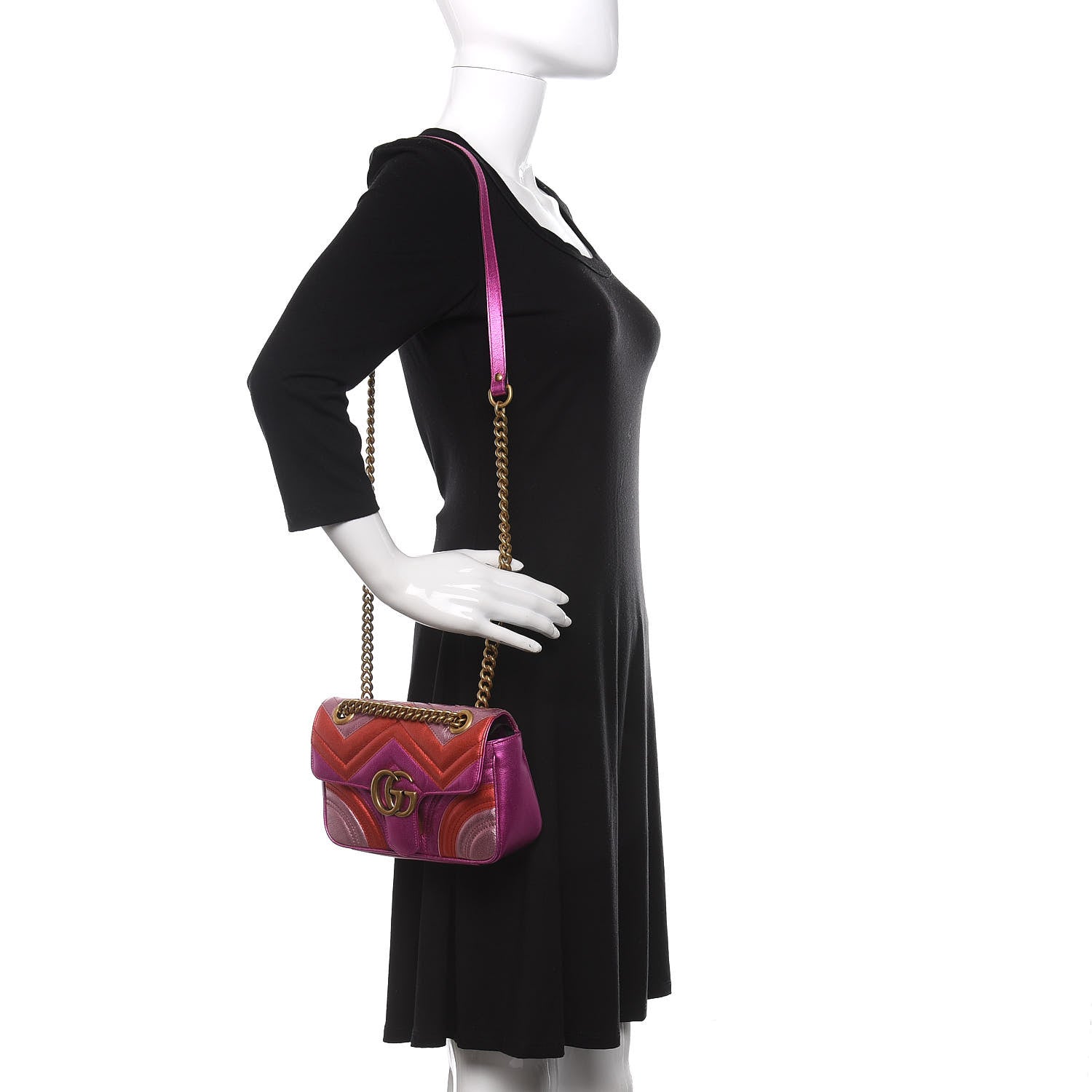 Gucci Metallic Calfskin Matelasse Mini GG Marmont Shoulder Bag Fuchsia 2 of 10