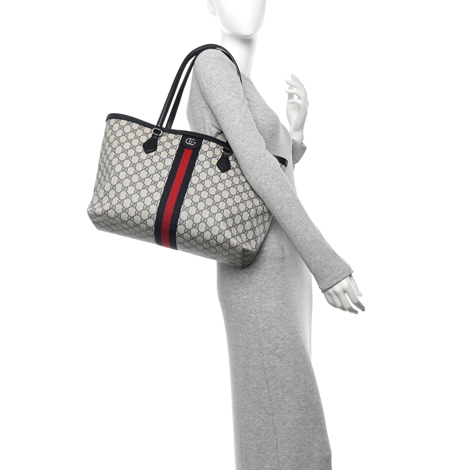 Gucci GG Supreme Monogram Textured Calfskin Web Medium Ophidia Shopping Tote Beige Blue 2 of 10