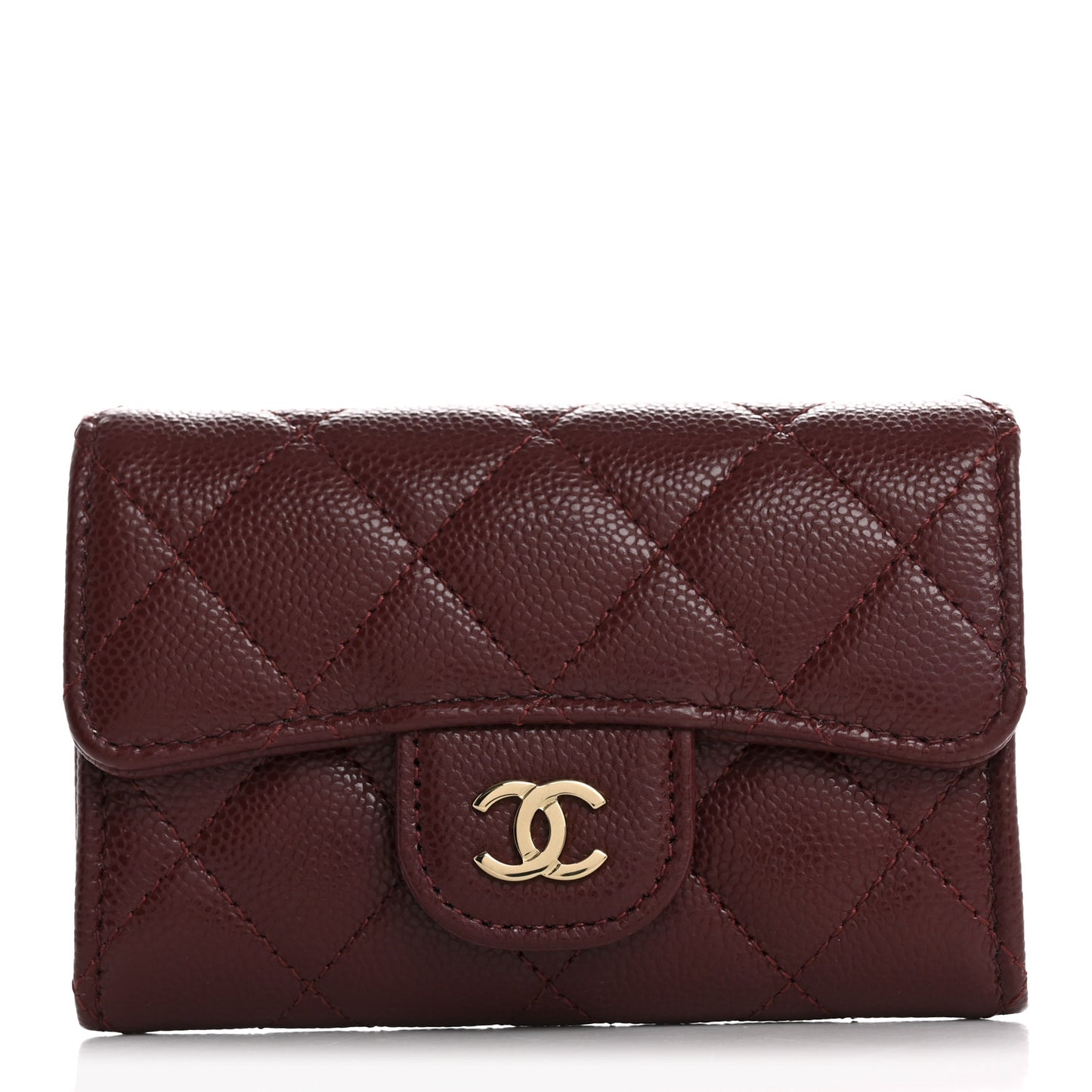 Caviar Quilted Flap Card Holder Wallet Burgundy
