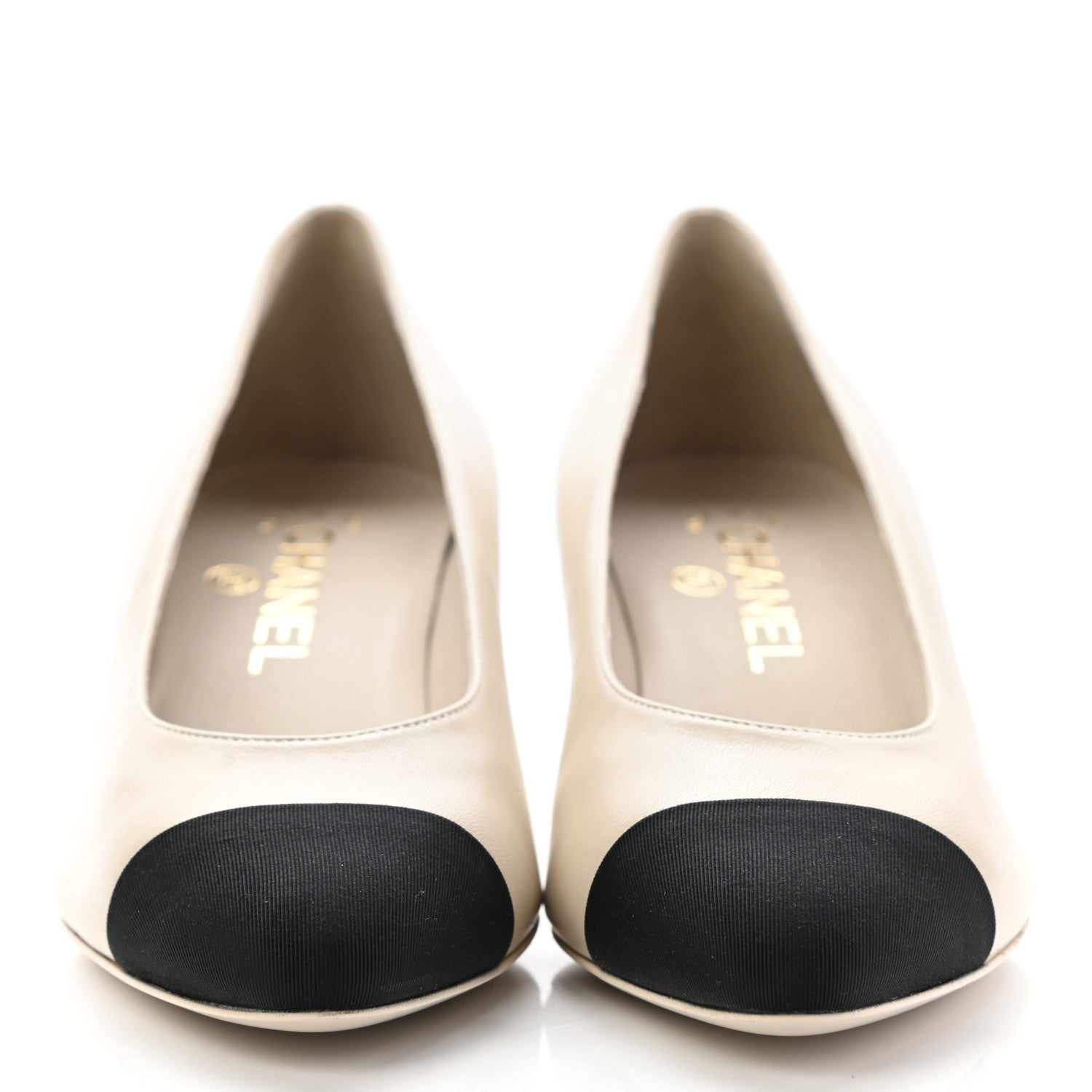 Chanel Lambskin Grosgrain CC Cap Toe Pumps 37.5 Ivory Black 2 of 10