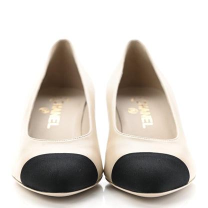 Chanel Lambskin Grosgrain CC Cap Toe Pumps 37.5 Ivory Black 2 of 10