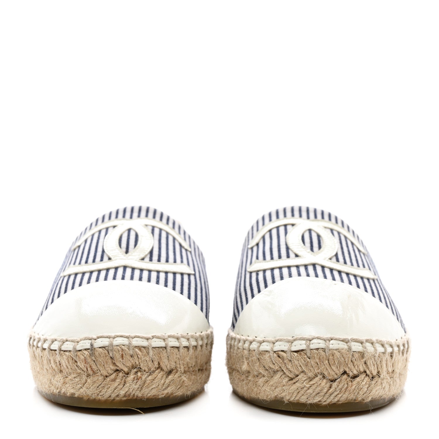 Chanel Canvas Striped Patent CC Espadrilles 37 Ivory Navy White 2 of 11