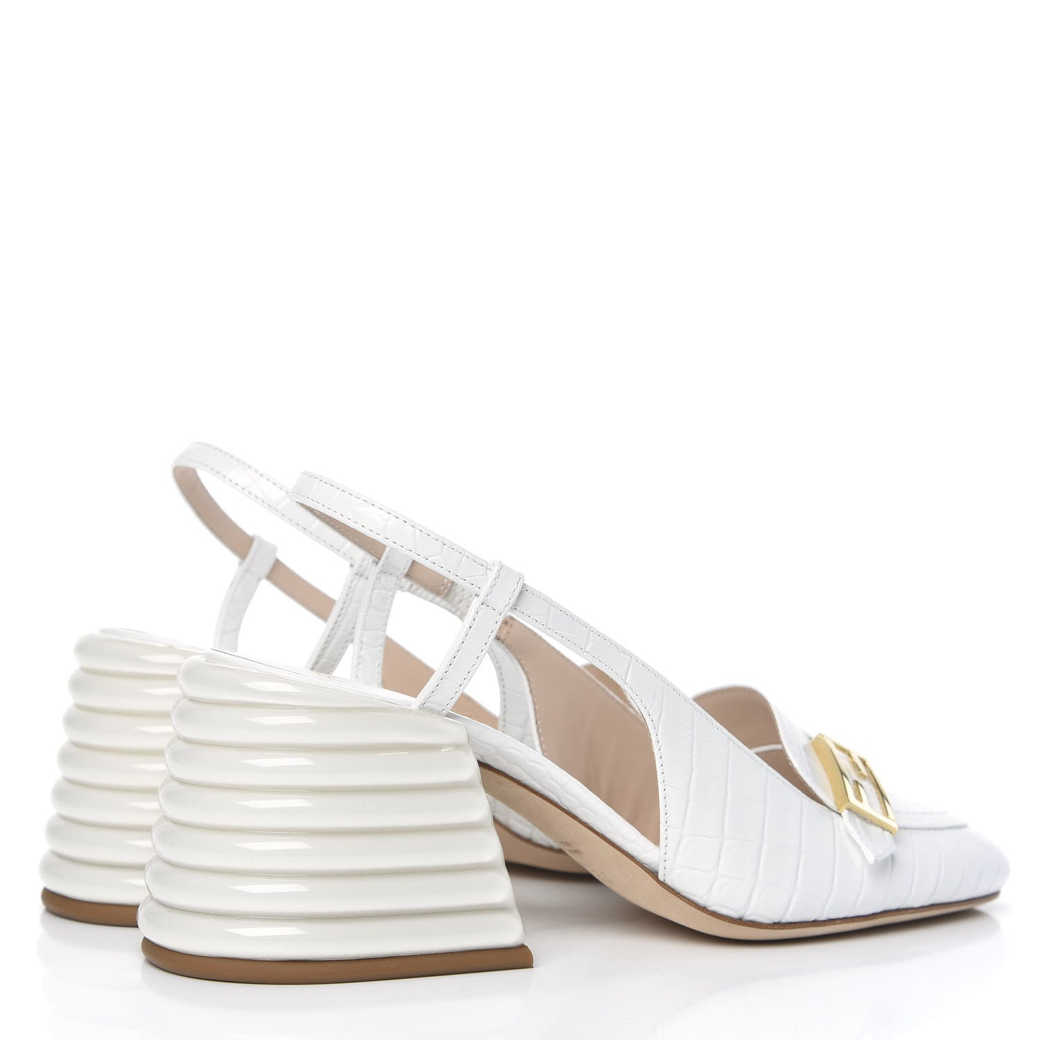 Fendi Calfskin Crocodile Embossed Promenade Slingback Loafer Pumps 37 White 4 of 8