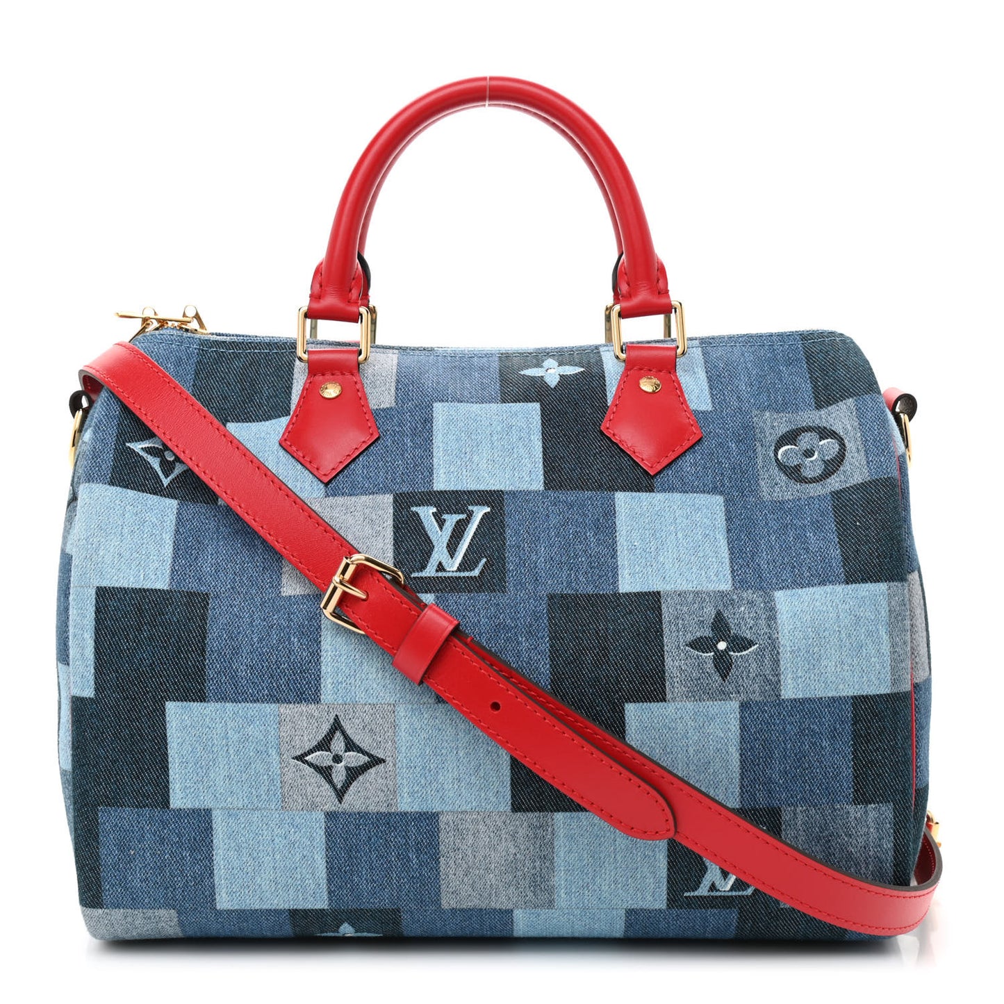 Denim Damier Monogram Patchwork Speedy Bandouliere 30 Blue Rouge