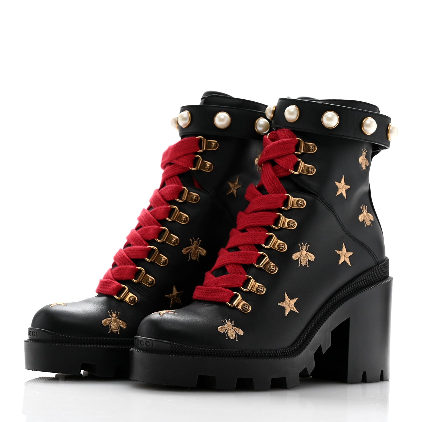 Calfskin Embroidered Lace Up Combat Ankle Boots 37 Black