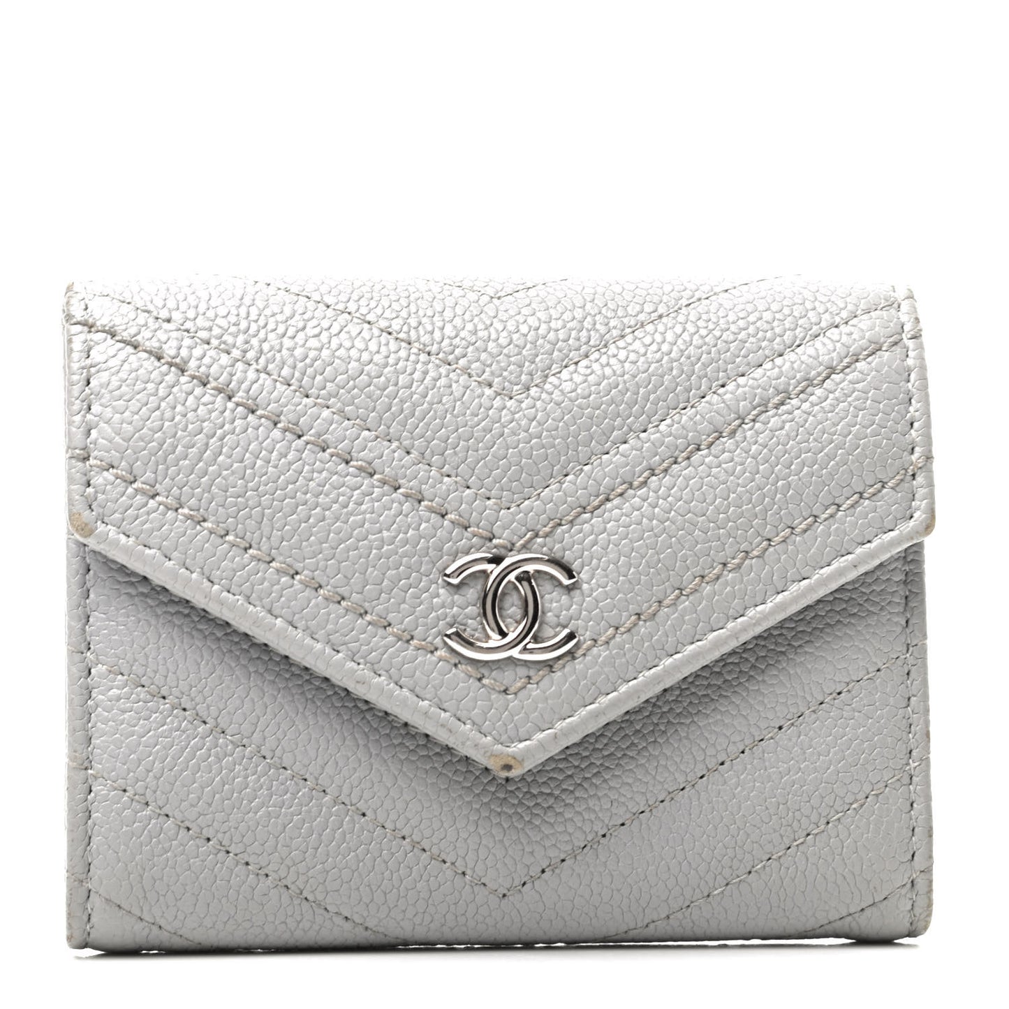 Caviar Chevron Quilted Card Holder Flap Wallet Grey