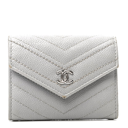 Chanel Caviar Chevron Quilted Card Holder Flap Wallet Grey 1 of 11