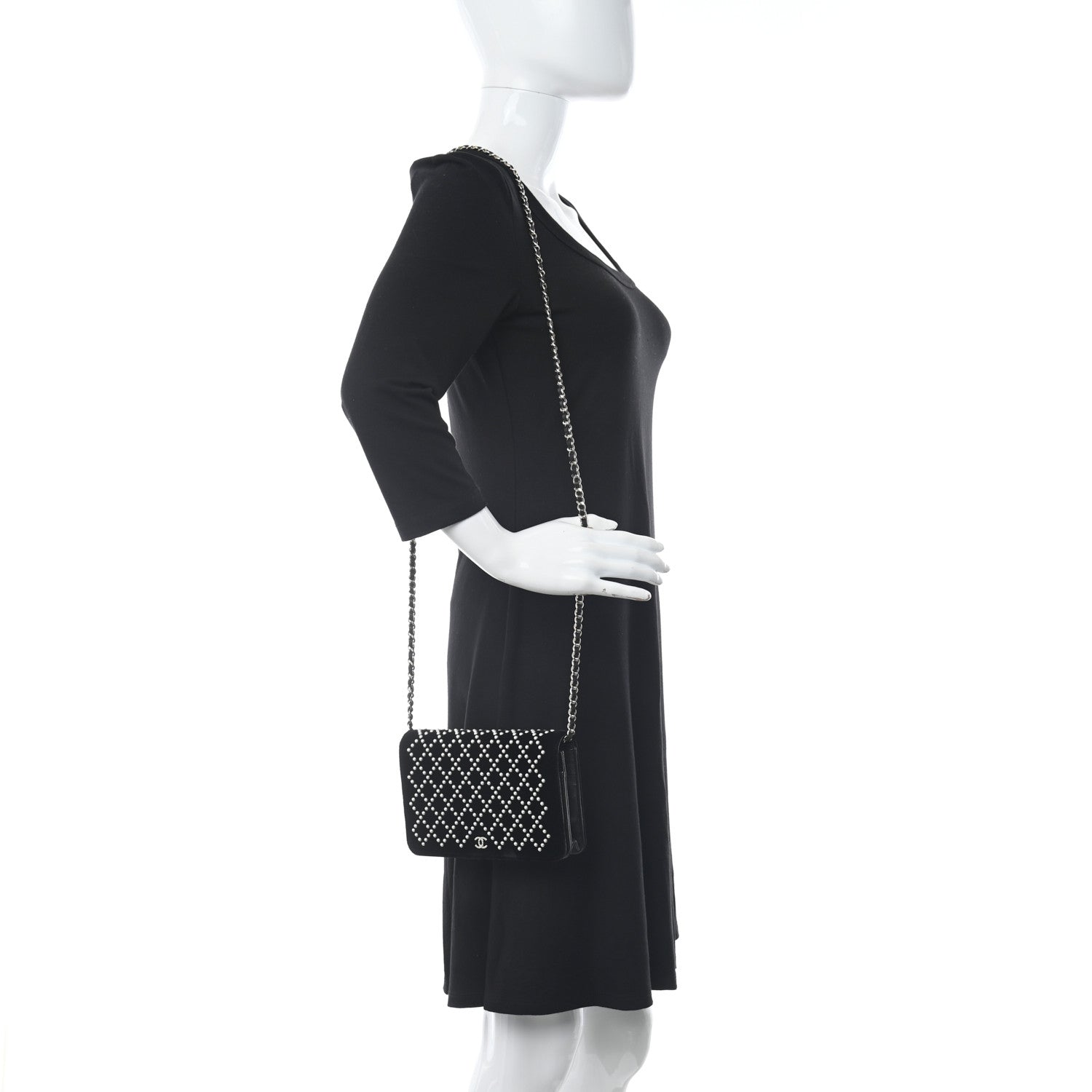 Chanel Velvet Pearl Diamond Embellished Wallet On Chain WOC Black 2 of 11