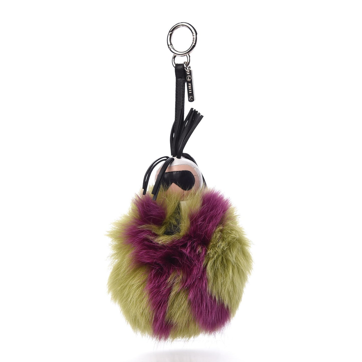 Fox Fur Shiny Nappa Super Karlito Pom Pom Bag Charm Malachite Multicolor Black