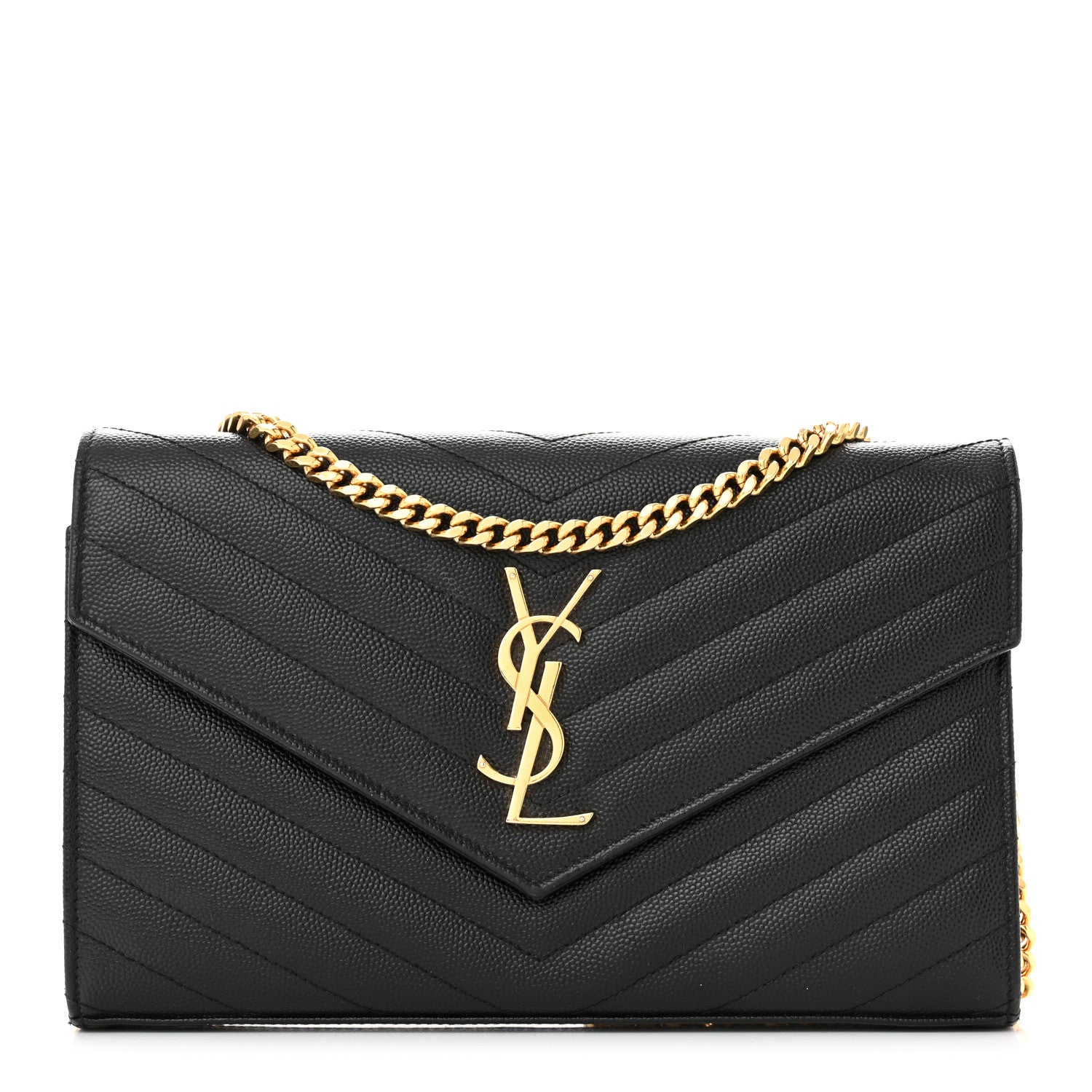 Saint Laurent Grain De Poudre Matelasse Chevron Monogram Chain Wallet Black 1 of 10