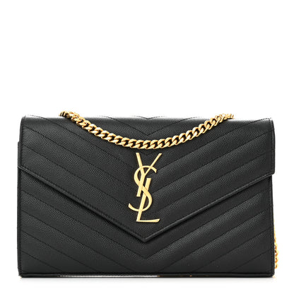 Saint Laurent Grain De Poudre Matelasse Chevron Monogram Chain Wallet Black 1 of 10