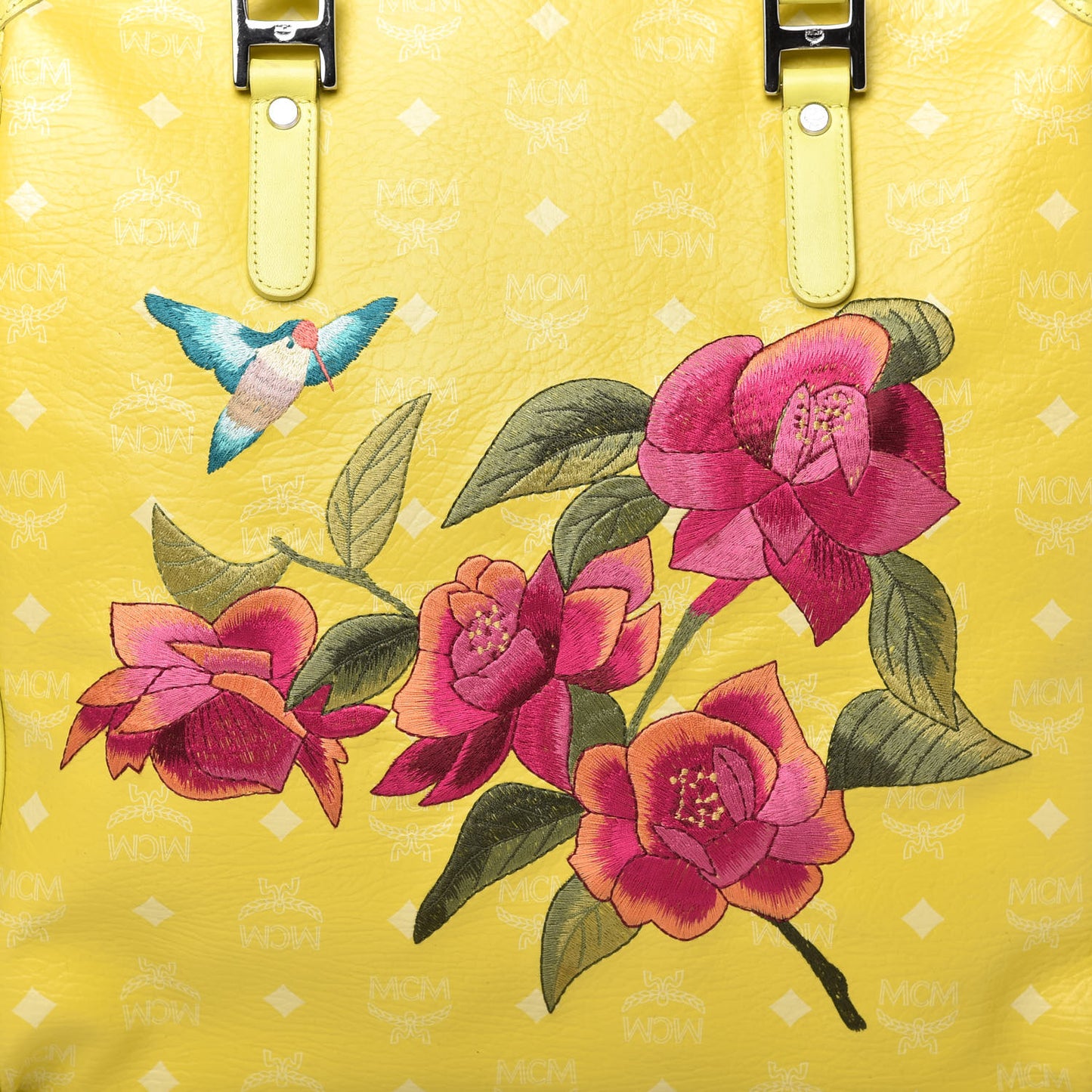 Visetos Embroidered Flower Hummingbird Tote Yellow