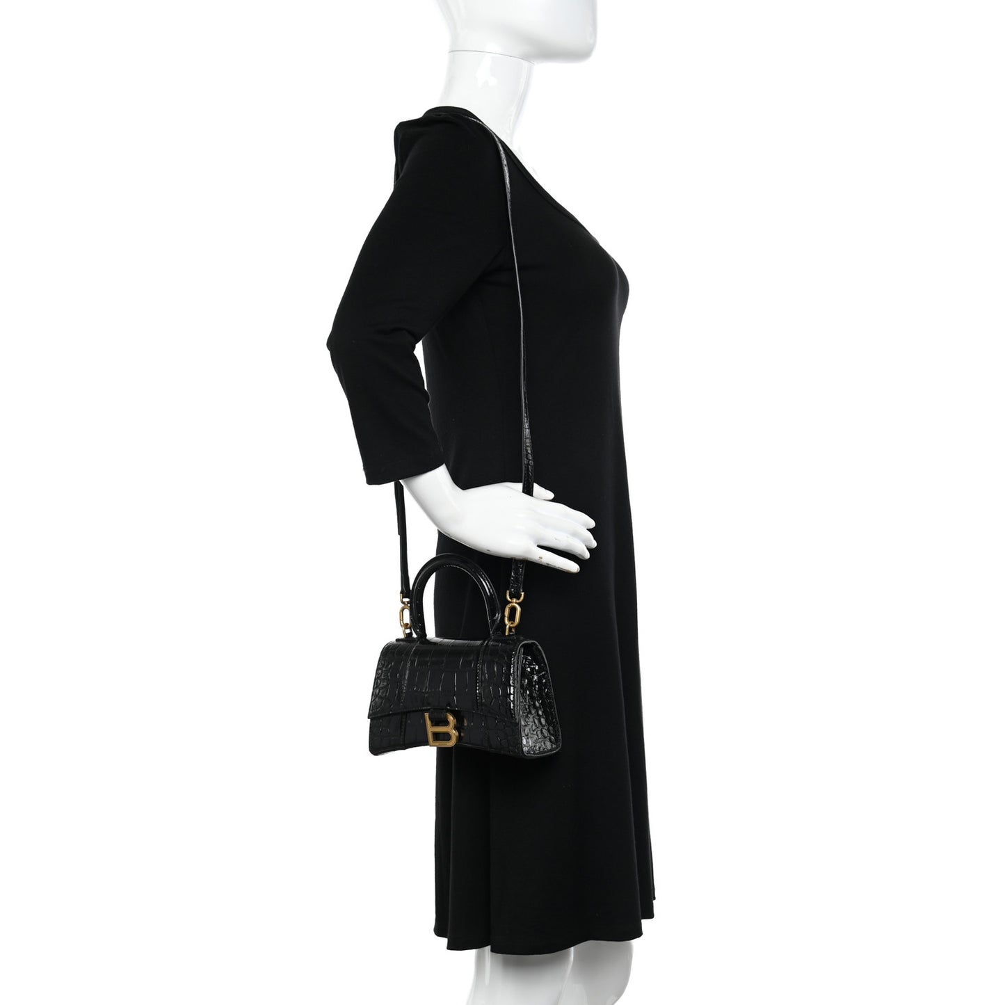 Shiny Calfskin Crocodile Embossed Hourglass Top Handle Bag XS Black