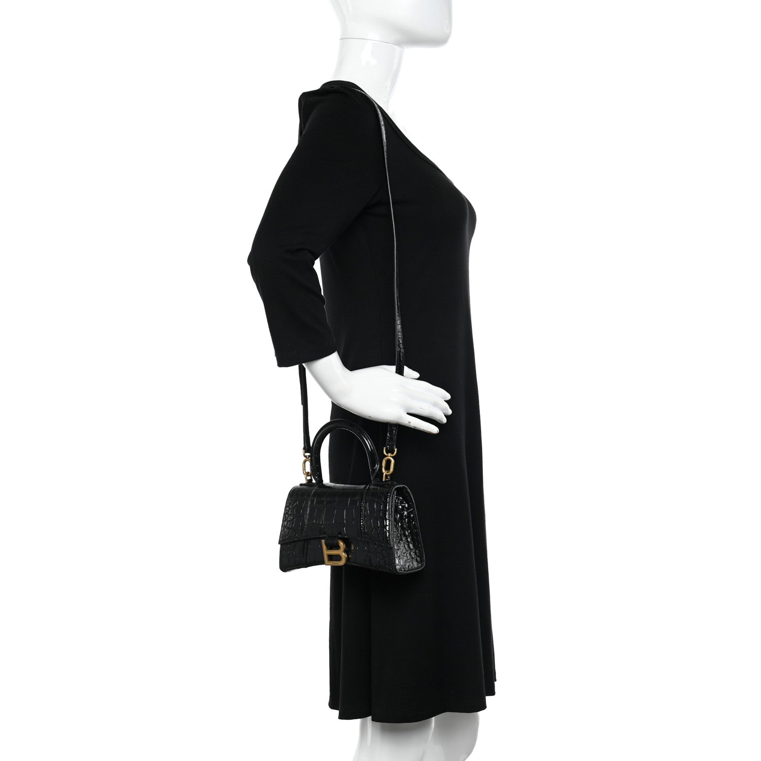 Balenciaga Shiny Calfskin Crocodile Embossed Hourglass Top Handle Bag XS Black 2 of 11