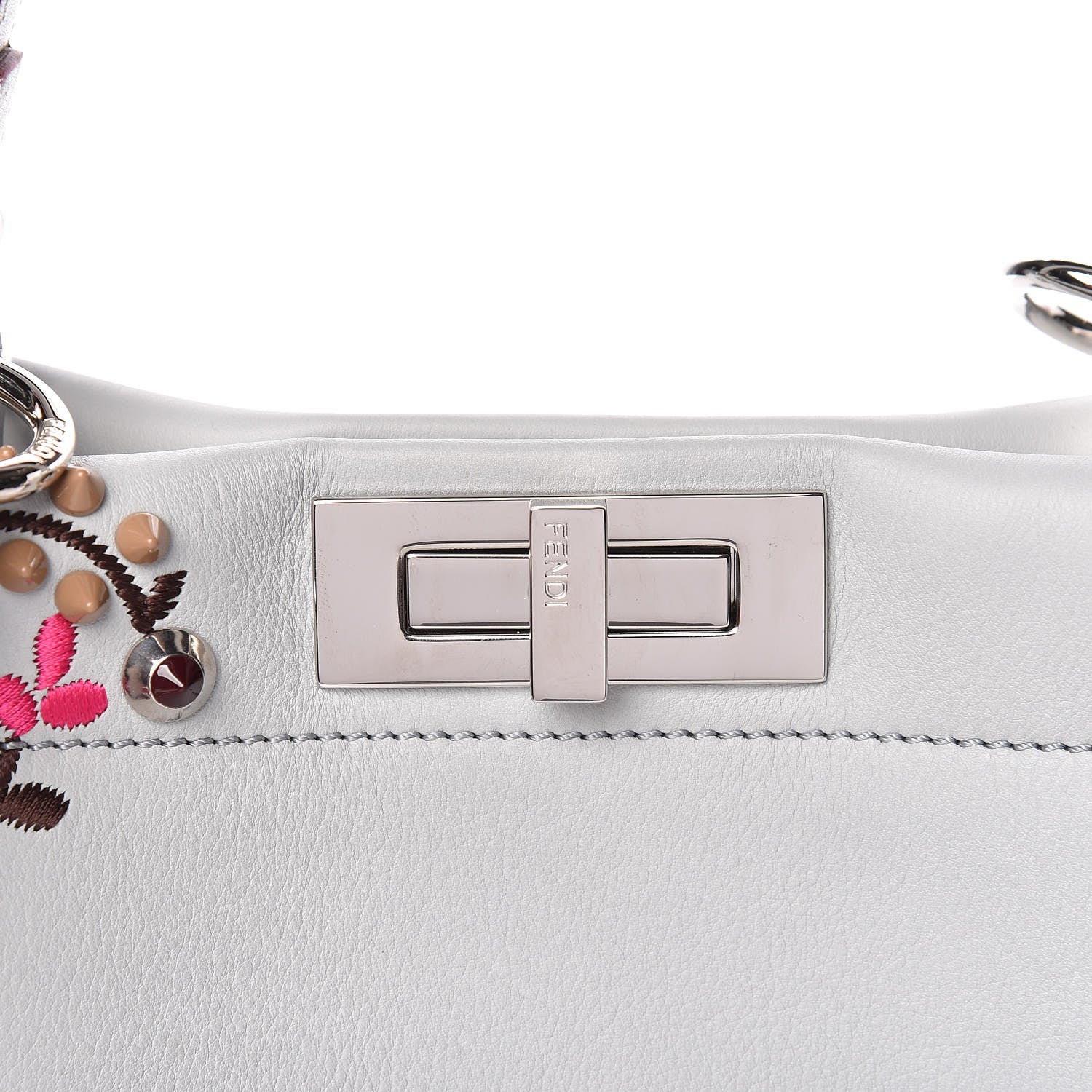Fendi Vitello Seta Shiny Nappa Pearl Scalloped Studded Floral Embroidered Medium Peekaboo Iconic Satchel Grigio Perla Multicolor 10 of 10
