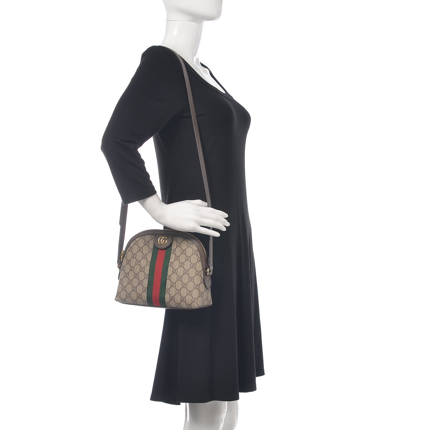 GG Supreme Monogram Textured Dollar Calfskin Web Small Ophidia Dome Shoulder Bag Beige Ebony New Acero