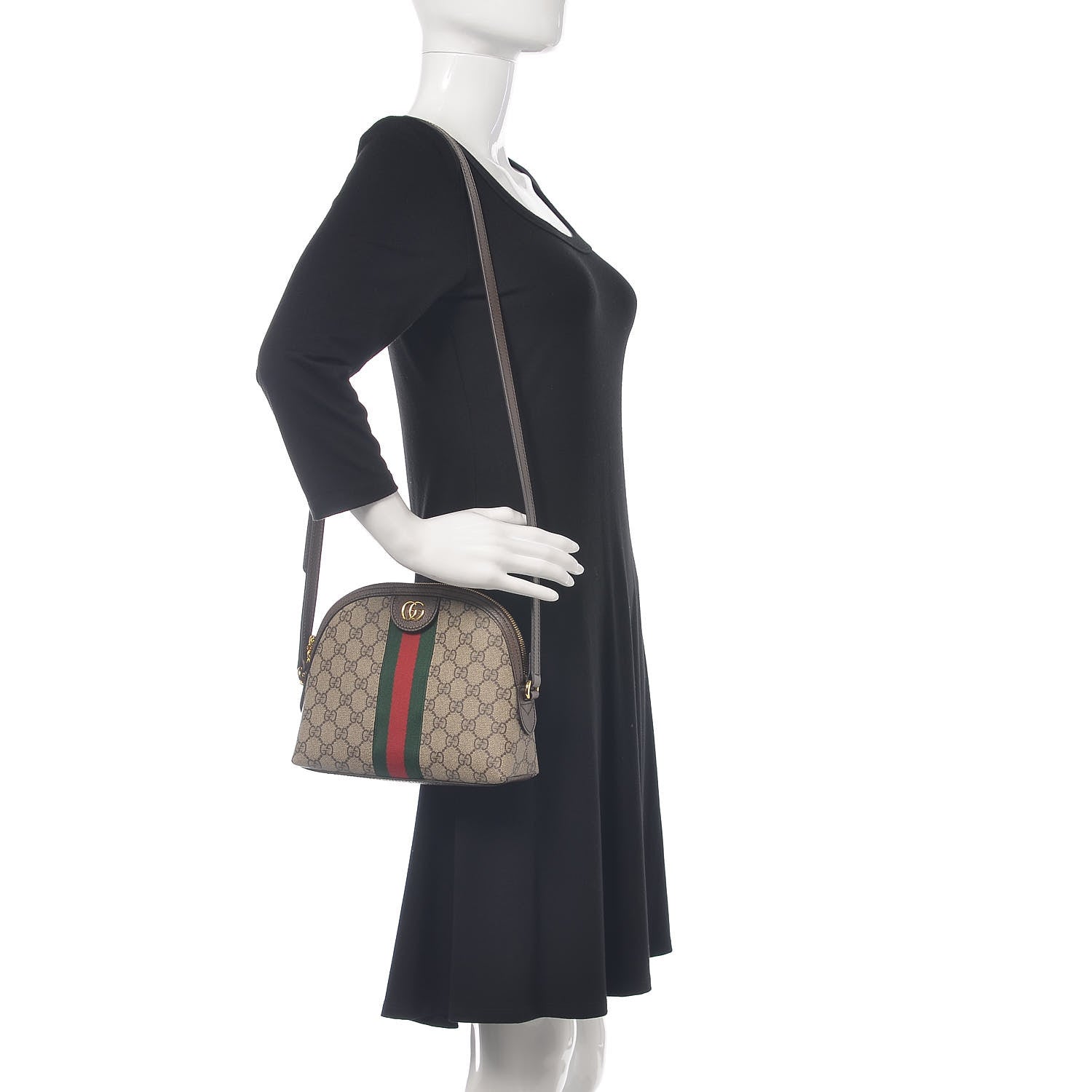 Gucci GG Supreme Monogram Textured Dollar Calfskin Web Small Ophidia Dome Shoulder Bag Beige Ebony New Acero 2 of 9
