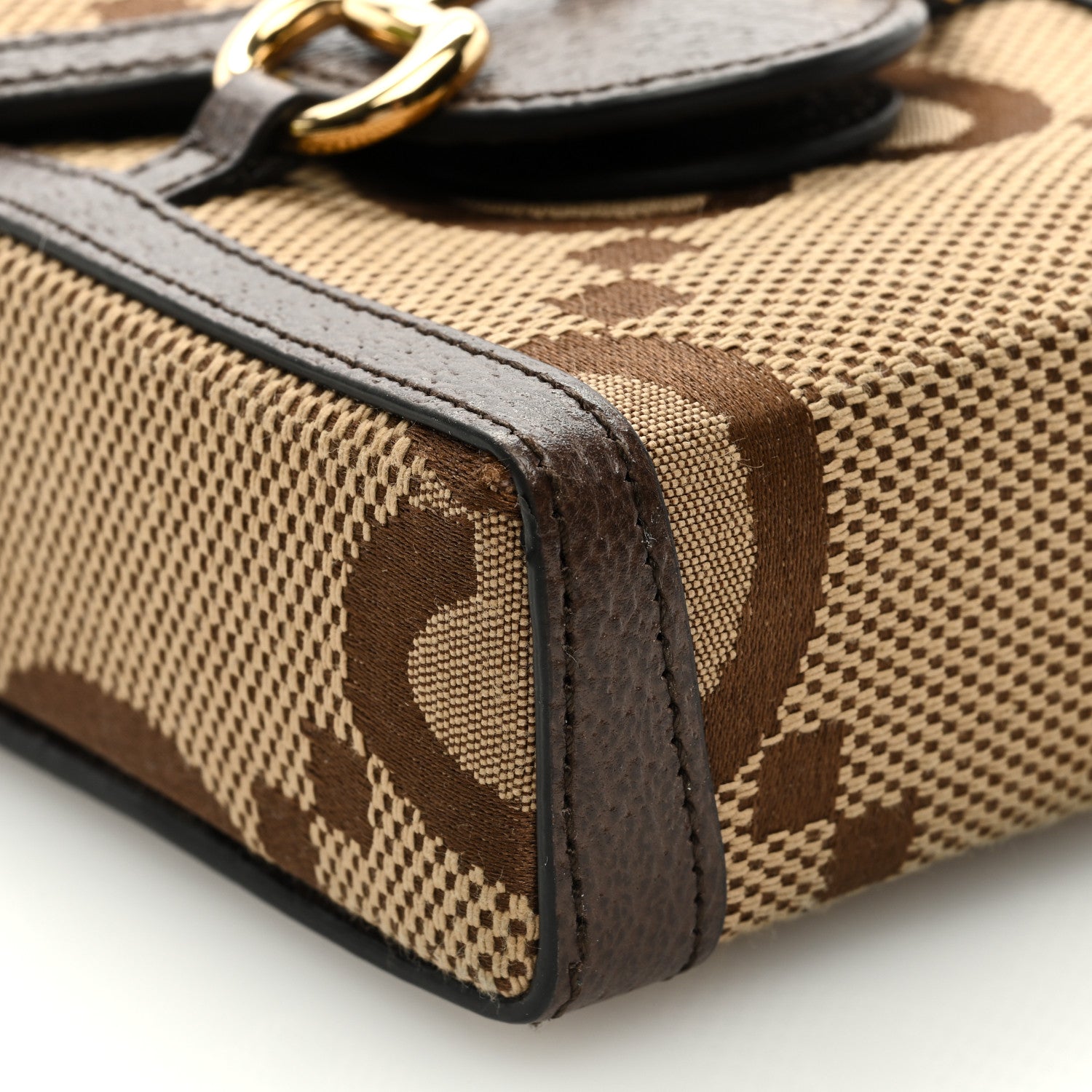 Gucci Monogram Jumbo GG Textured Dollar Calfskin Mini Horsebit 1955 Crossbody Bag Camel Ebony New Acero 7 of 9