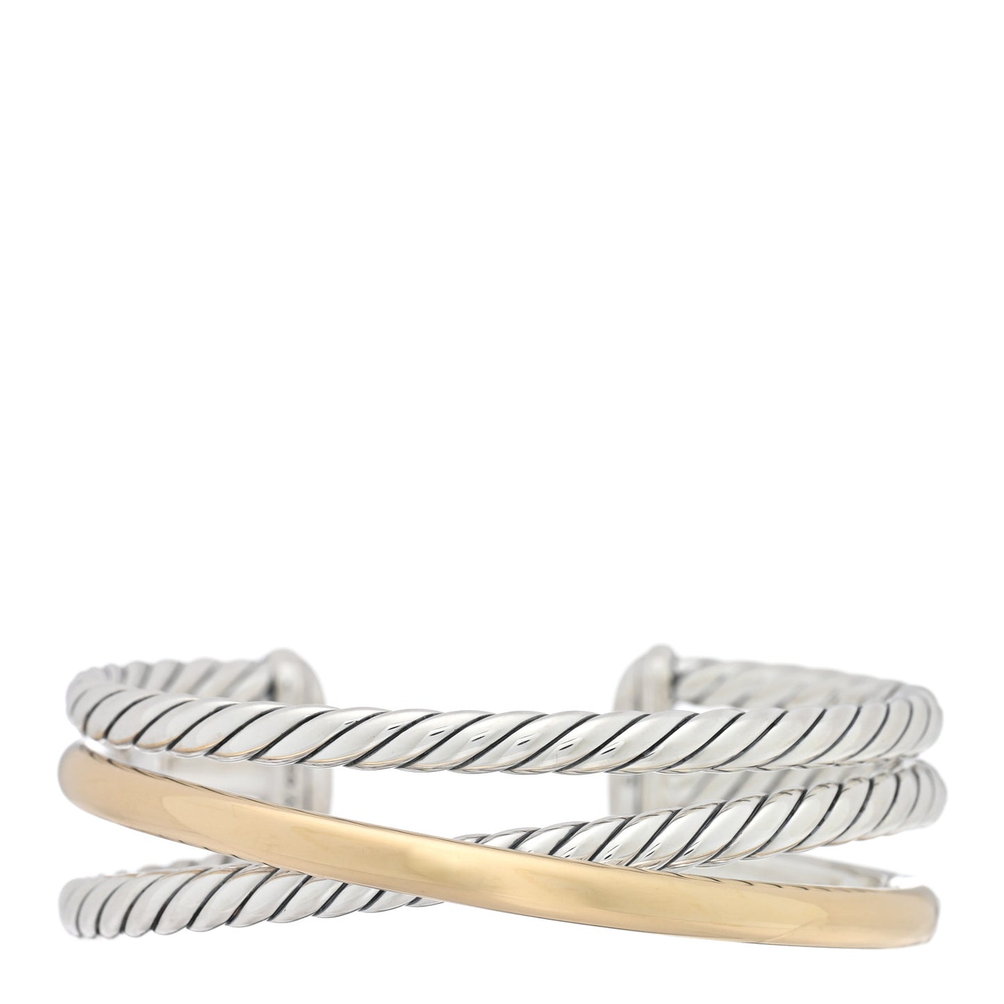 Sterling Silver 14K Yellow Gold 19mm Bold Three Row Crossover Cuff Bracelet
