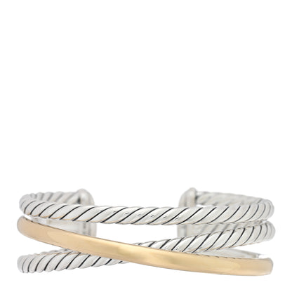 David Yurman Sterling Silver 14K Yellow Gold 19mm Bold Three Row Crossover Cuff Bracelet 1 of 3
