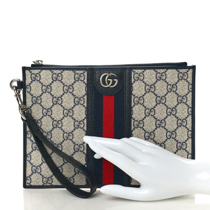 Gucci GG Supreme Monogram Textured Dollar Calfskin Web Ophidia Wristlet Pouch Beige Blue 2 of 8