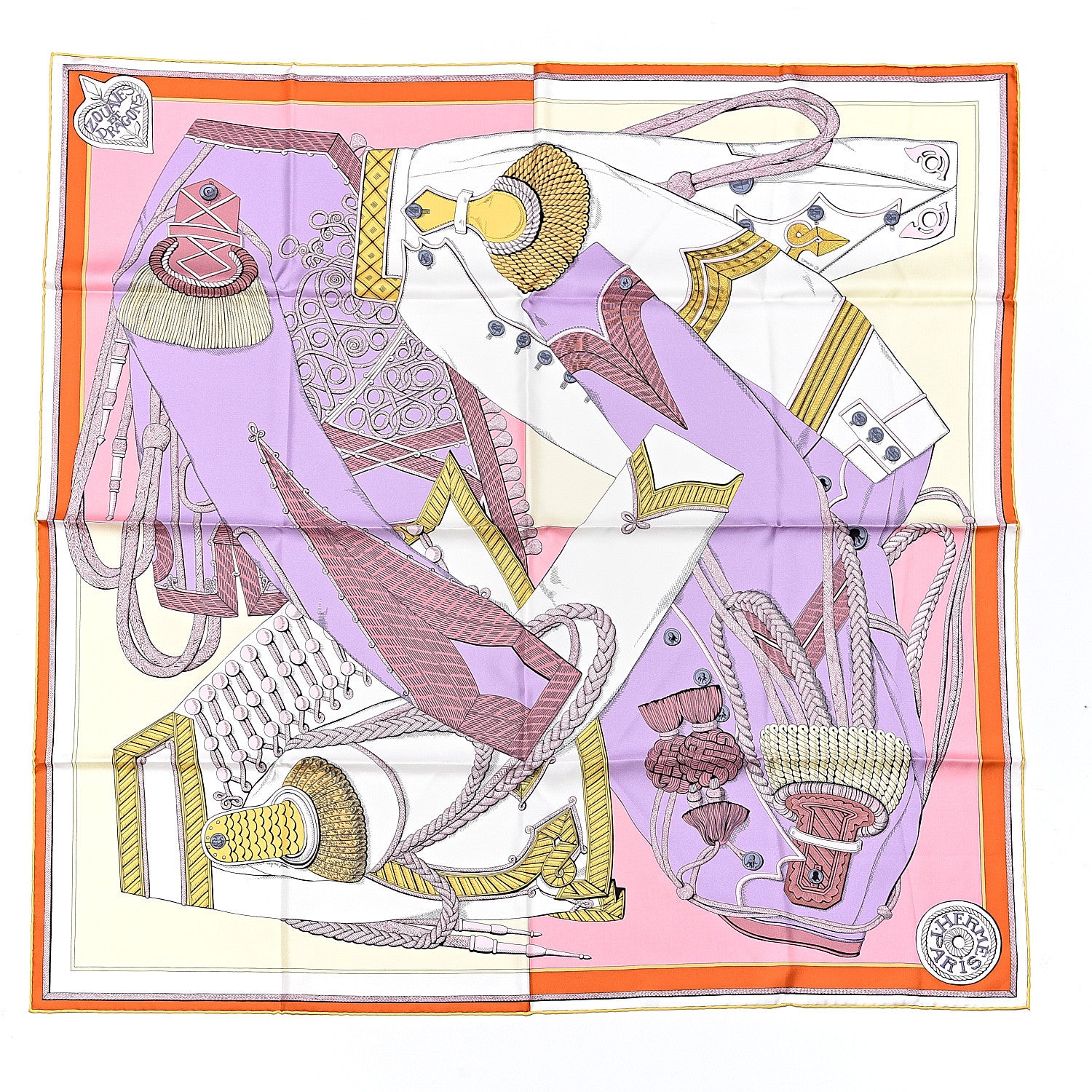 Hermes Silk Zouaves Et Dragons Scarf 90 Jaune Pale Mauve Rose 1 of 4