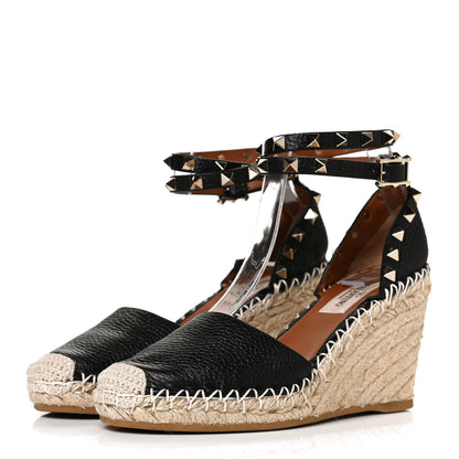 Valentino Garavani Grained Calfskin Rockstud Ankle Wrap Espadrille 15/85mm Wedges 35 Black Light Cuir 3 of 9